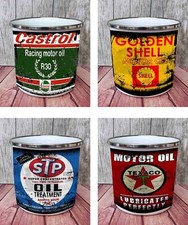 4 x Retro Oil Can Enamel Mugs Camping Garage Castrol R30 Shell sTp Texaco #1/12
