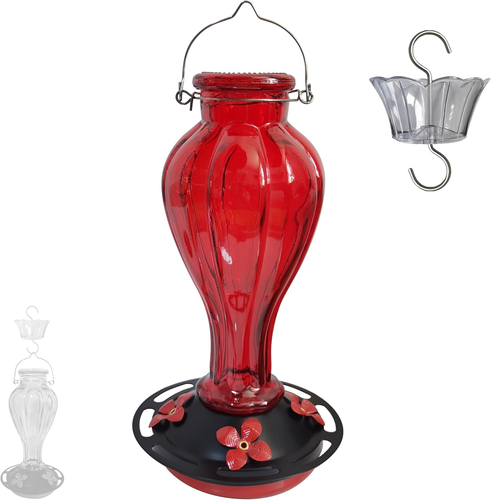 Hummingbird Feeder for Outdoors Hanging - Red Glass Nectar Feeding Bottle Red