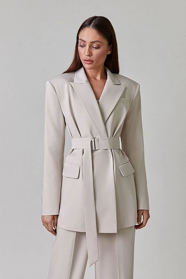 Nuevo Primavera Mujeres Damas Trajes 2 Piezas Doble Pecho con Cinturón Pantalones Anchos Foto 3 de 4