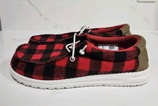 Hey Dude Wally Buffalo Plaid Red Black Mens Size 9 Slip On Casual Shoes Comfort