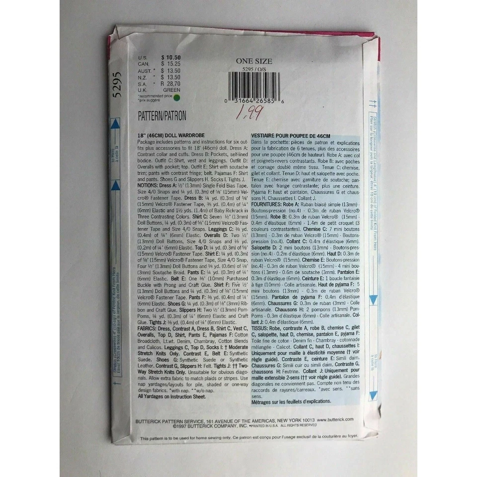 Butterick 18" Doll Clothes Pattern 5295 UNCUT - Image 2 of 2