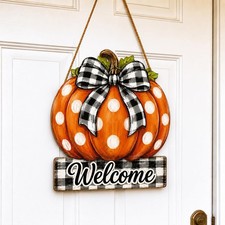Fall Door Decor Wooden Pumpkin Door Hanger, Welcome Sign for Front Door