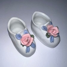Vintage Porcelain Bisque Victorian Baby Shoes Set of 2 Rose Accent Pink Blue