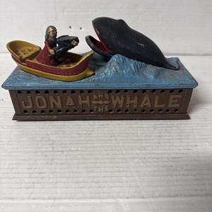 Vintage Multicolor Cast Iron Jonah And The Whale Mechanical Bank