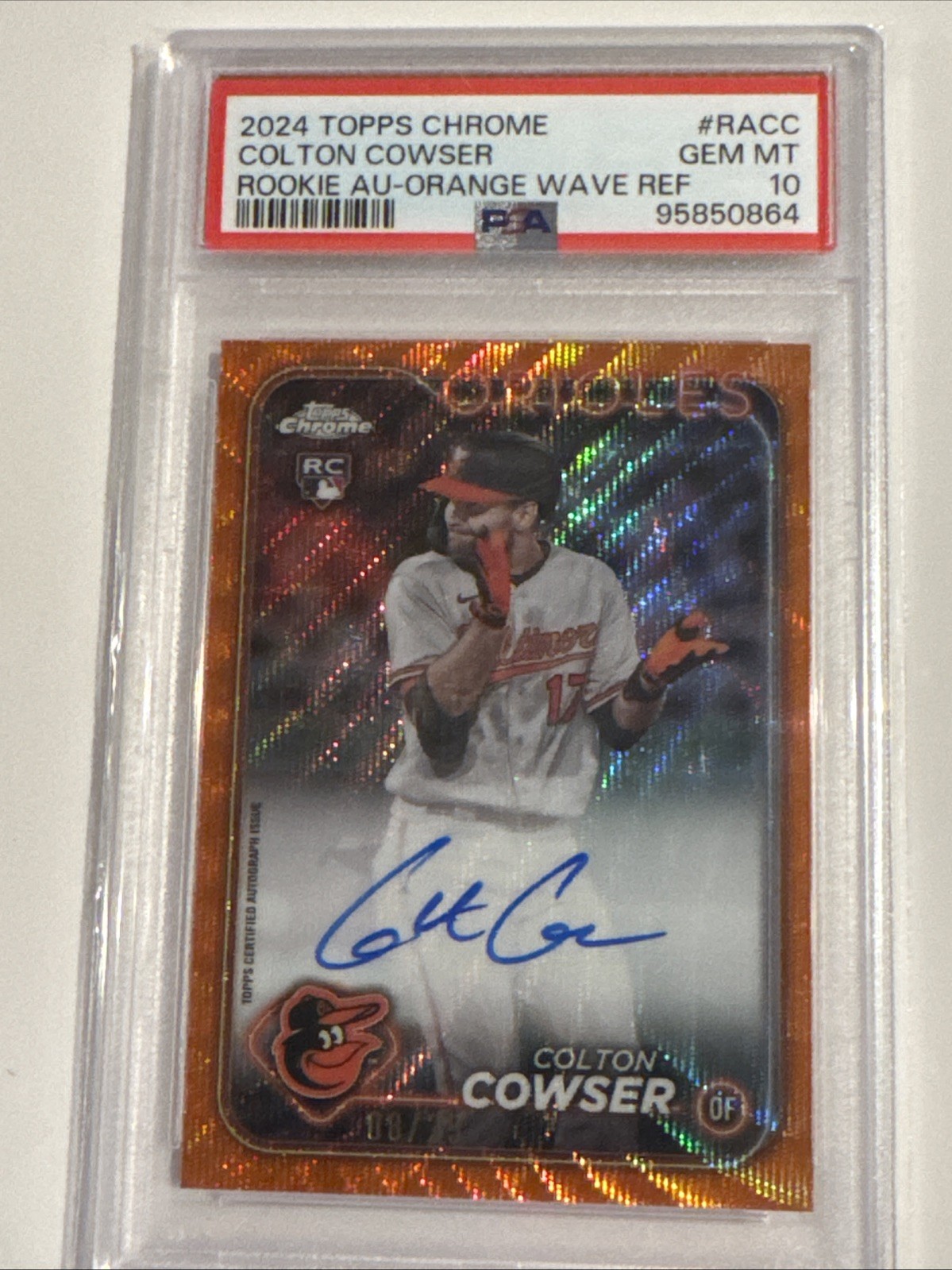 Colton Cowser 2024 Topps Chrome Rookie Auto Orange Wave Refractor /25 PSA 10