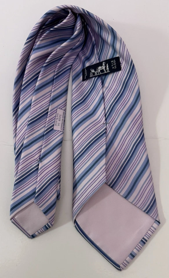 Corbata de seda a rayas azul púrpura HERMES TIE Foto 3 de 4