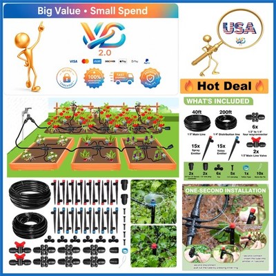 240FT Drip Irrigation System Kit for Garden Lawn Greenhouse Watering