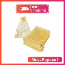 HRX Package 100pcs Organza Bags Gold, 5x7 inch Mesh Drawstring Gift Bags Jewelry