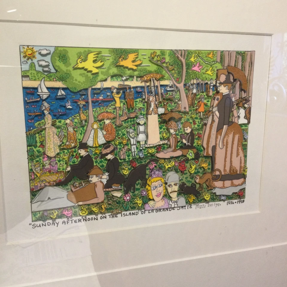 Original James Rizzi 3D Bild „SUNDAY AFTERNOON ON THE ISLAND OF LA GRANDE JATTE“