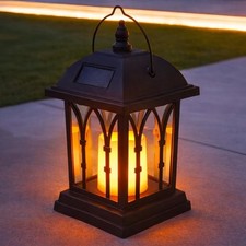 27cm Solar LED Flickering Flame Amber Candle Outdoor Hanging Table Lantern Light