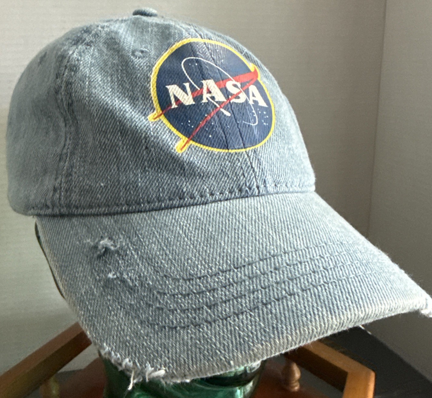 Light Blue Denim Nasa Space Theme Hat Adjustable Factory Distressed Euc!!    #8