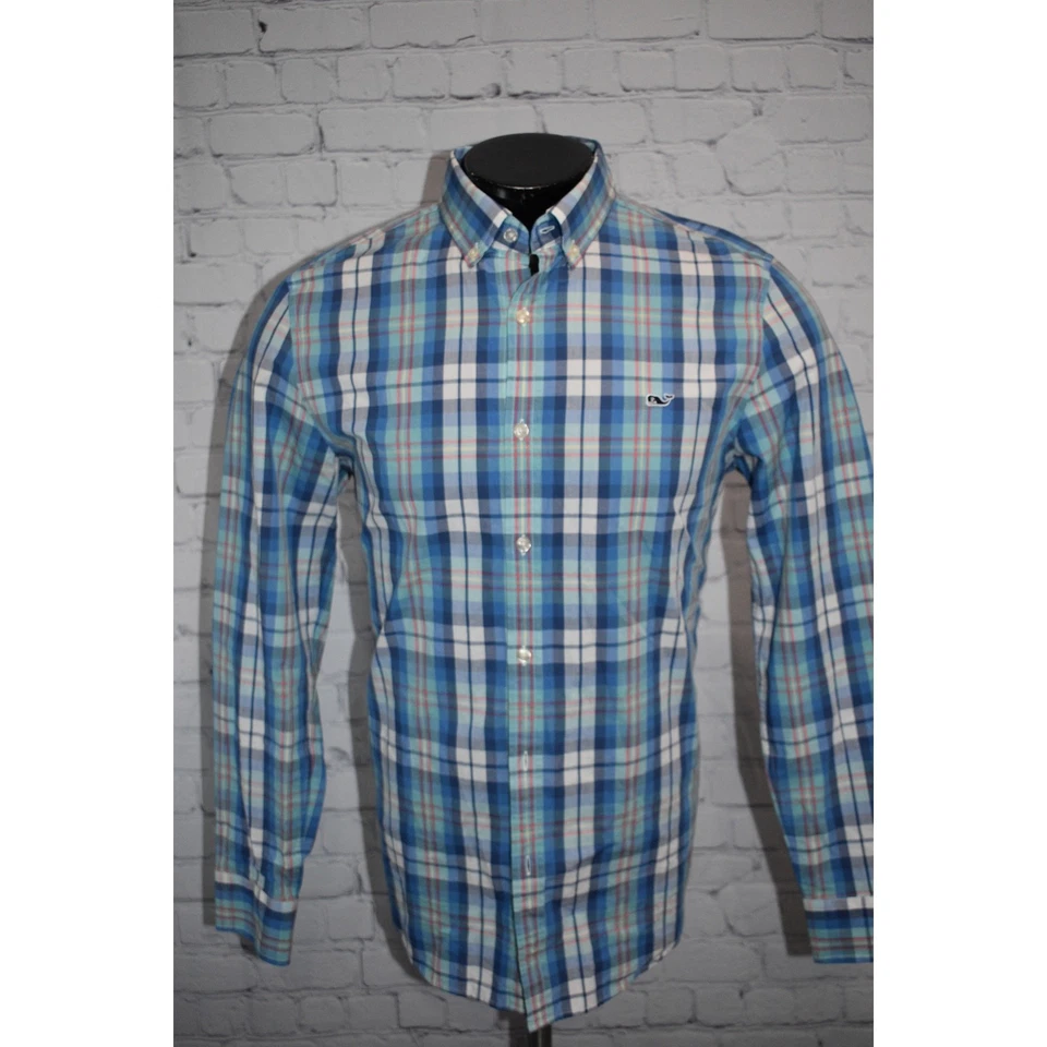 Vineyard Vines Dress Shirt Whale Mens Size Medium Slim Fit Blue Plaids - Image 2 of 4
