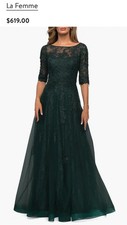 NWT La Femme Lace Tulle A-line Gown with 3/4 Sleeves Size 12 Emerald/Hunter