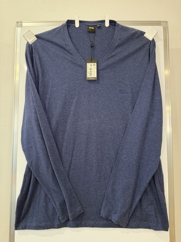 NWT Hugo Boss V-neck Blue Heather T-Shirt Size XL Logo Long Sleeve
