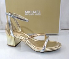 Michael Kors Porter Strappy Mid Block Stacked Heel Sandals Gold Multi Size 7