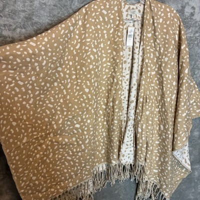 LOFT Womens Animal Printed Fringe Wrap Shawl One Size Fringe Neutral Soft NWT