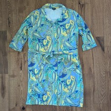Talbots Button Up Shirt Dress Blue Yellow Paisley Print Belted 2X Petite Preppy