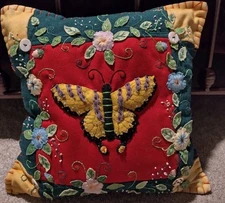 decorative pillow handmade embroidered  butterfly snap closure 14" x14"