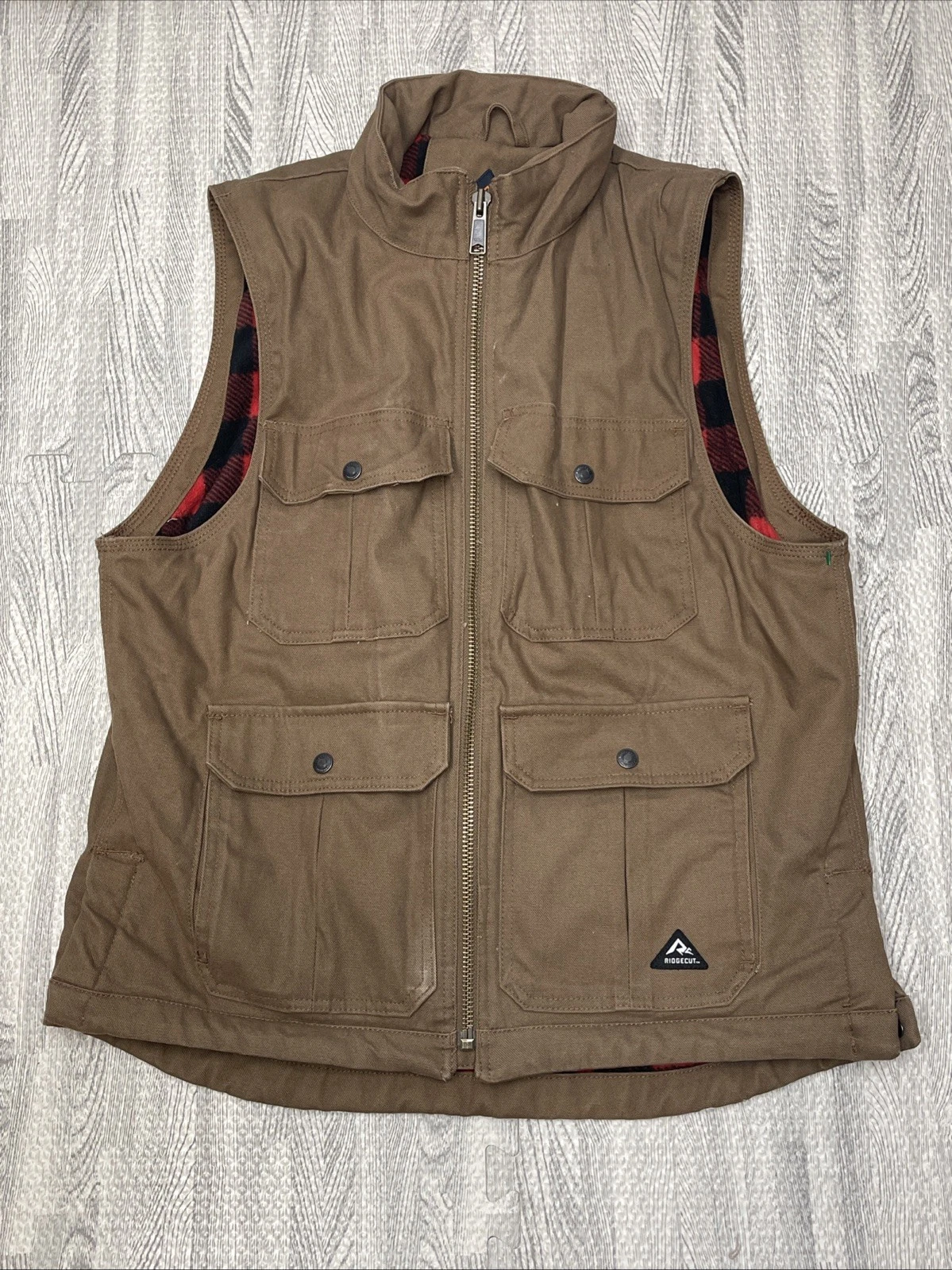 Mens Flannel Lined Vest Ridgecut SZ Large Work Duck Hunting Outdoor Sports Brown
