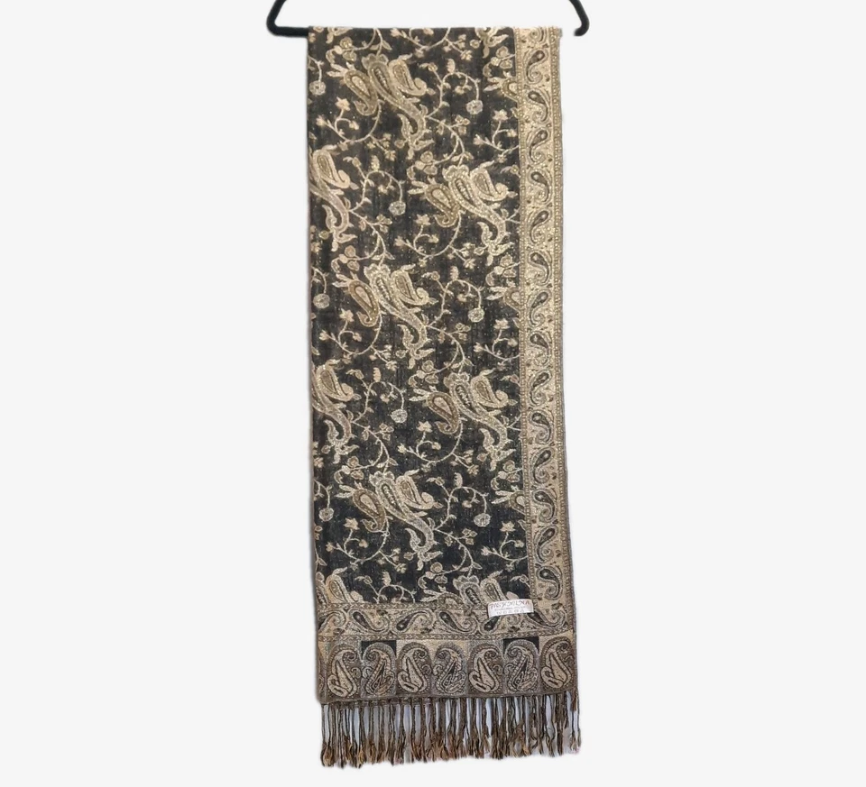 De colección 55% Pashmina Cachemira 45% Seda Chal Envolvente Bufanda Negro Dorado Cachemira 80" Foto 2 de 4