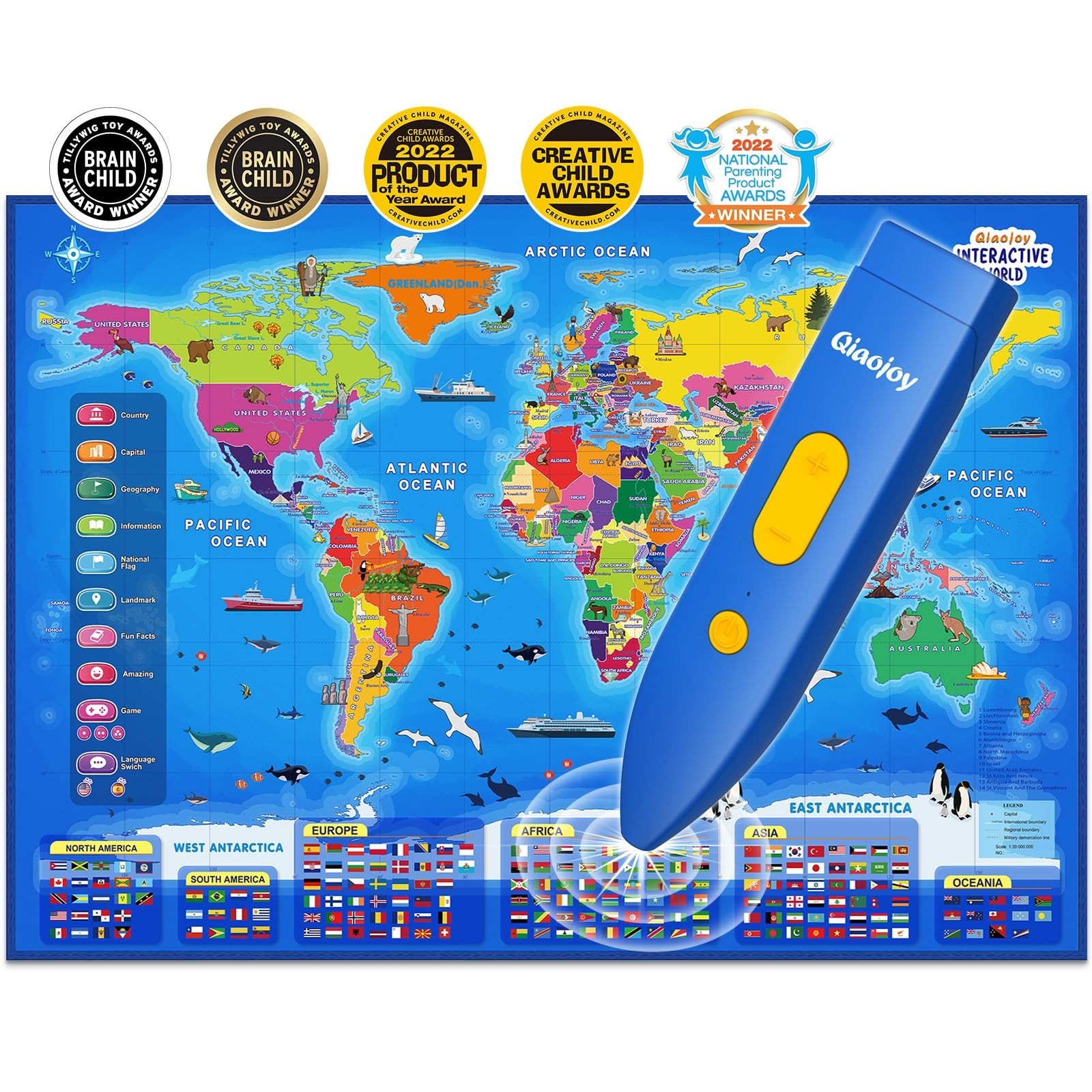 Qiaojoy Bilingual Interactive World Map for Kids Learning and Educational Toy...