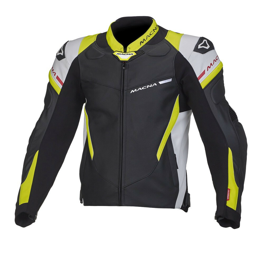 GIACCA MOTO PELLE MACNA HYPER NERO - BIANCO - GIALLO FLUO TAGLIA 50-52-54-58