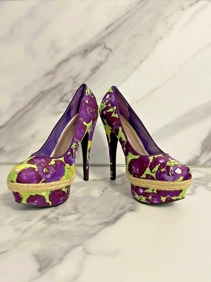 Qupid Women's Purple & Green Floral Almond Toe Stiletto Platform Pump Shoes 6.5 - Image 3 of 4