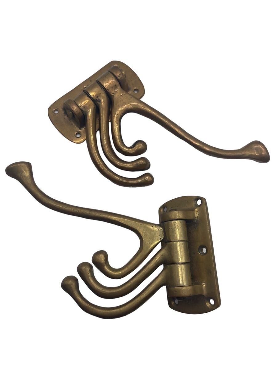Antique Brass Triple Swivel Swing Coat Hooks Wall Mounted Set Solid Vtg 3  Hook