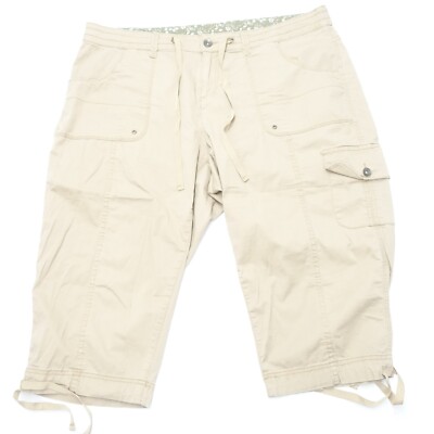Faded Glory Capri Pants Women's 12W Beige Cotton Stretch Cargo Pocket Drawstring