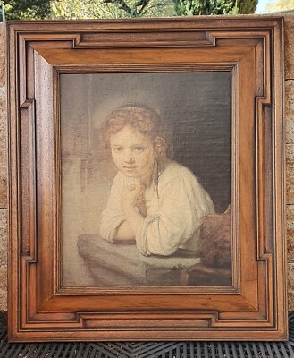 Dachbodenfund Bild Mädchen am Fenster Wandbild mit Holzrahmen 53 x 60 cm Öldruck