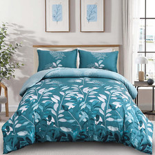 Teal Botanical Comforter Set King, 3 Pieces Blue Leaves Comforter for King Size