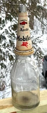 Vintage Rare Mobil Oil Bottle with tin top sign Gargoyle Pegasus Gasoline quart