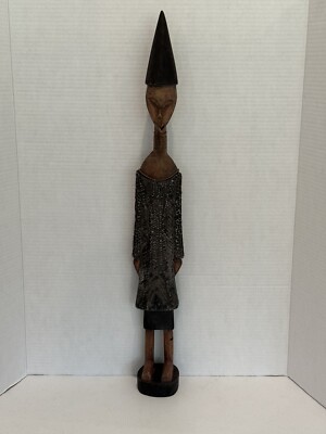 LARGE 25'' HAND CARVED WOODEN WOMAN STATUE FROM GHANA AFRICA, WOOD ART SCULPTURE