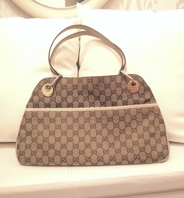 Gucci Eclipse Tasche 121023 Leder Canvas GG Bag Beige Weiß Vintage Handtasche 
