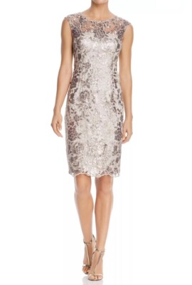 sachin and babi light blue dress ADRIANNA PAPELL Taupe Metallic Sequin Embroidered Floral Lace Illusion Dress  10