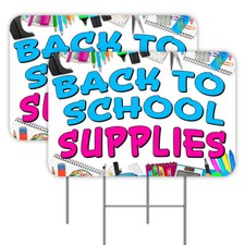Back To School Supplies 2 Pack Double-Sided Yard Signs 16" x 24" with Metal Stak