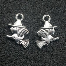 2pk DIY Silver-tone HALLOWEEN WITCH ON BROOM Pendant Charm 16X12mm