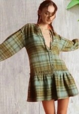 Free People Alexa Plaid Waffle Knot Drop Hem Mini Dress, Size XS (Oversized)