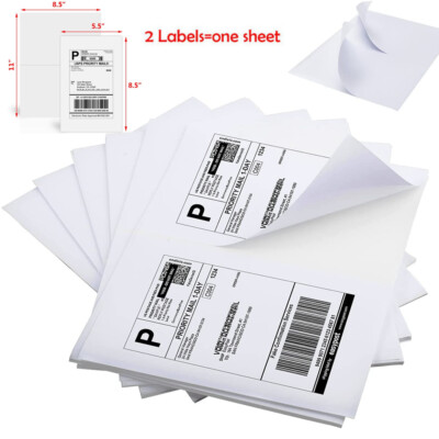 50-10000 Premium 8.5''x 5.5'' Half Sheet Self Adhesive Shipping Labels 2 Per Sheet
