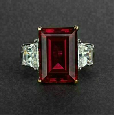 4Ct Emerald Cut Lab Created Red Garnet Women Ring 14K Yellow Gold Plated Silver