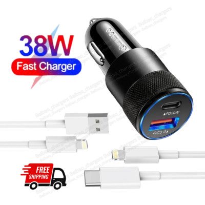 38W Power Adapter For iPhone 14 13 12 11 Pro 8 Fast Car Charger USB Type C Cable