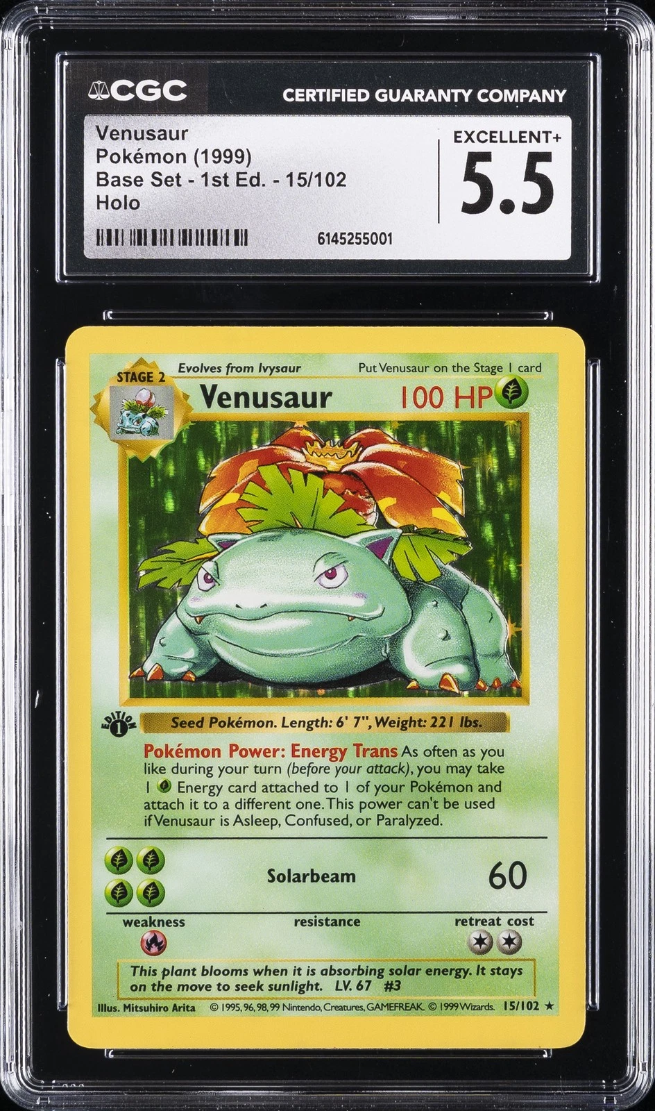 1999 POKEMON BASE SET 1ST EDITION HOLO #15 VENUSAUR CGC 5.5