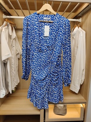 NEU MIT ETIKETT MNG MANGO KLEID GRÖSSE UK 8 BLAU BLÄTTERDRUCK GERAFFT LANGARM MINI DAMEN