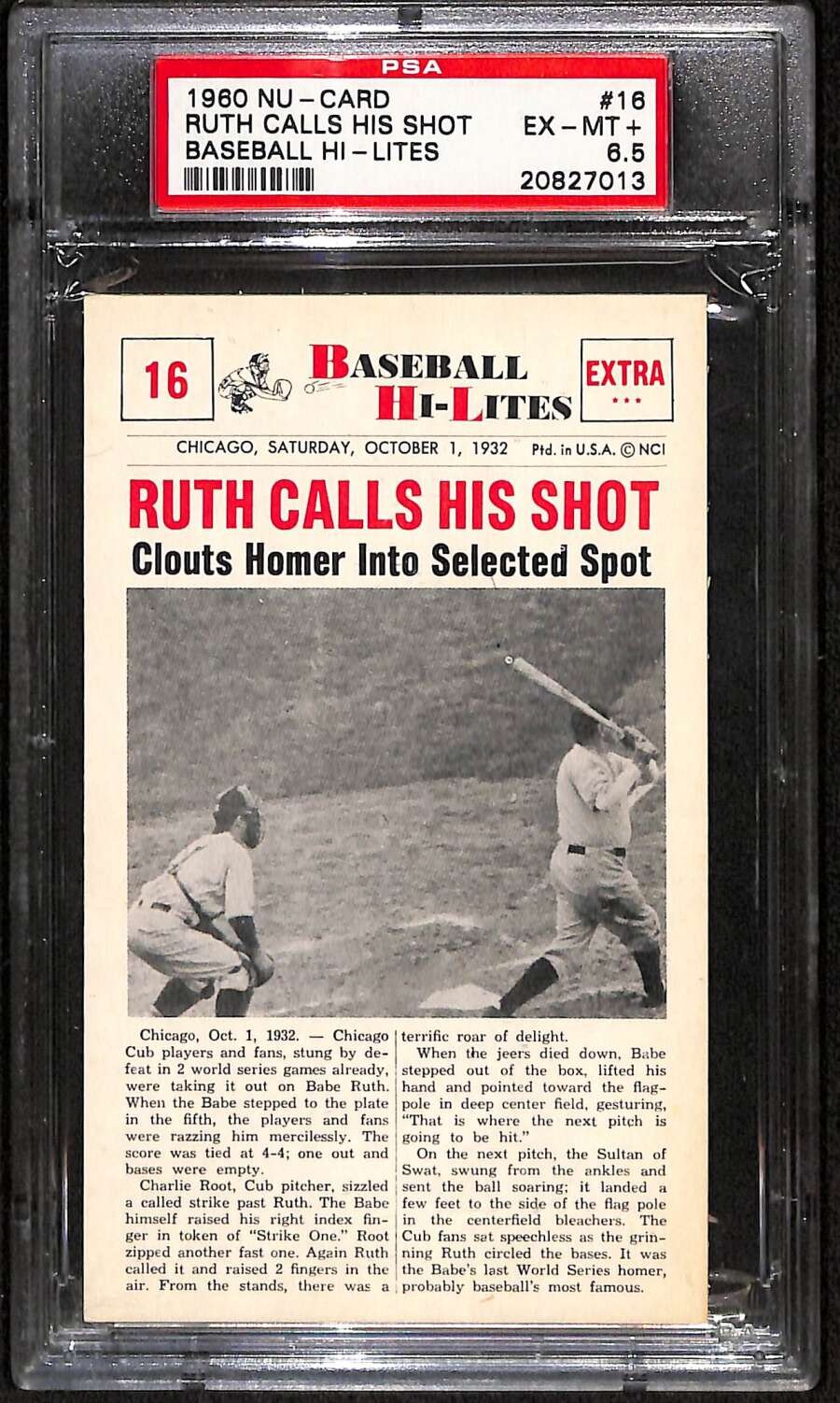 1960 NuCard Scoops #16 Babe Ruth HOF Calls Shot PSA 6.5 EXMT+ B102624