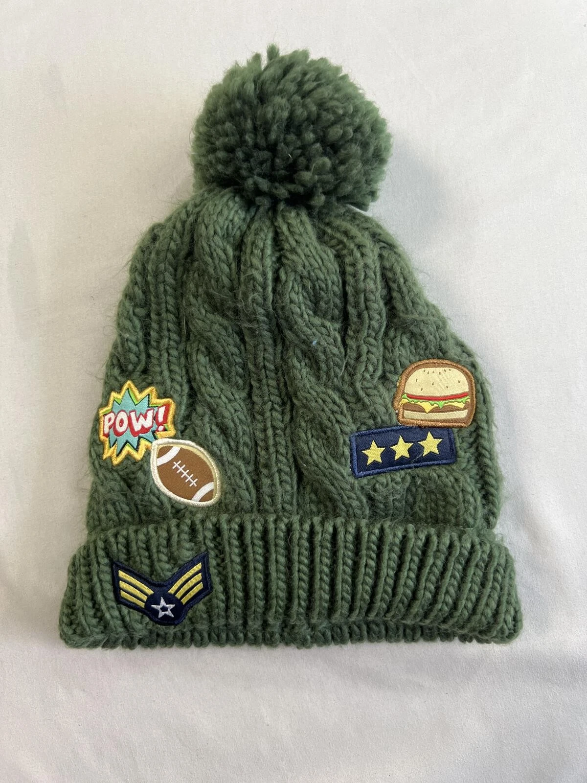 Green Cable Knit Pom Pom Beanie Hat Bon beanies with military patches, Size 4-6X