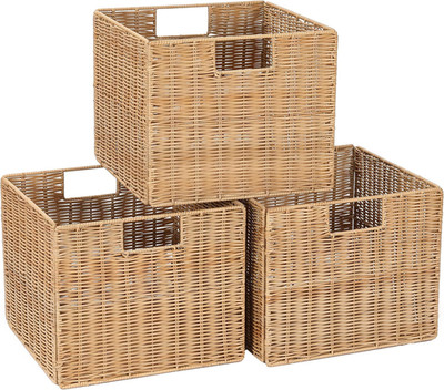 12X12X10In Plastic Wicker Storage Basket, Collapsible Wicker Cube Storage for Sh