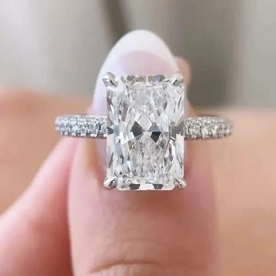 11x9MM Radiant Cut Moissanite Hidden Halo Engagement Ring 14K White Gold Plated