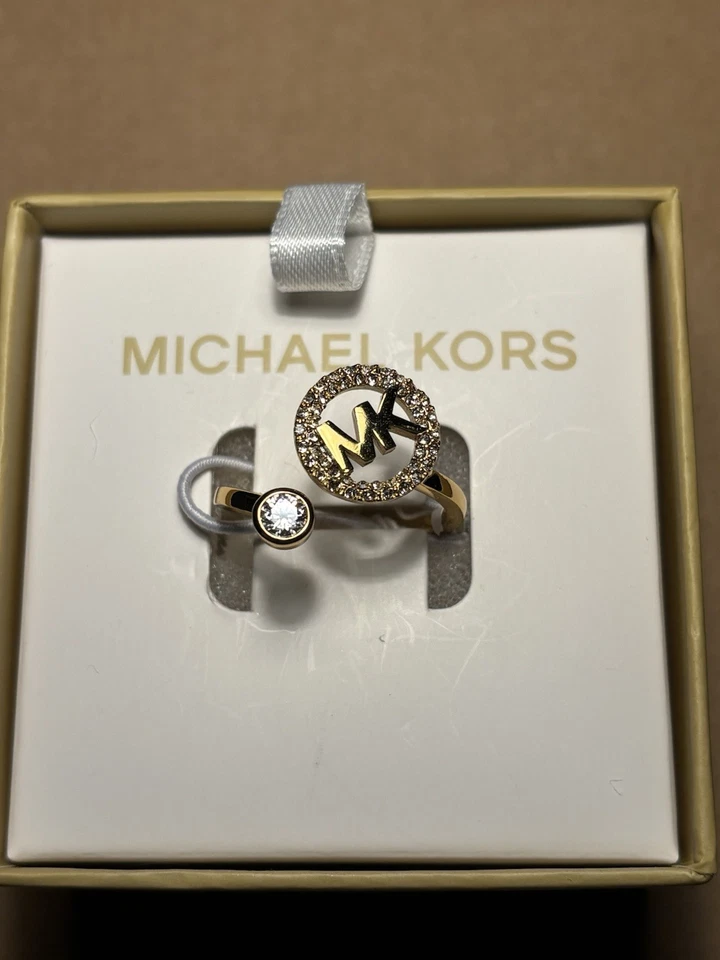 MICHAEL KORS MK Logo Yellow Gold Ring Crystals Pave Size 9 - Image 2 of 4