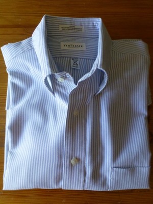 Herrenhemd Langarm Van Heusen 16 1/2 34/35 blau-weiß-gestreift wrinkle free