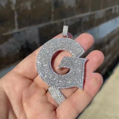 3.80Ct Round Cut Moissanite Men's Custom Initial Pendant 14K White Gold Plated